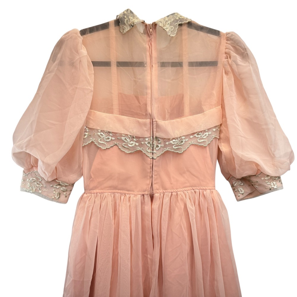 Vintage Peach Chiffon Lace Midi Dress Size XS Puff Sleeve Regency Core Pink Gown - Picture 5 of 6